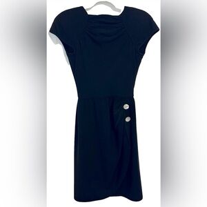 Valentino Vintage Black Dress Ruched Top Cap Sleeves Buttons Front Side Slit S